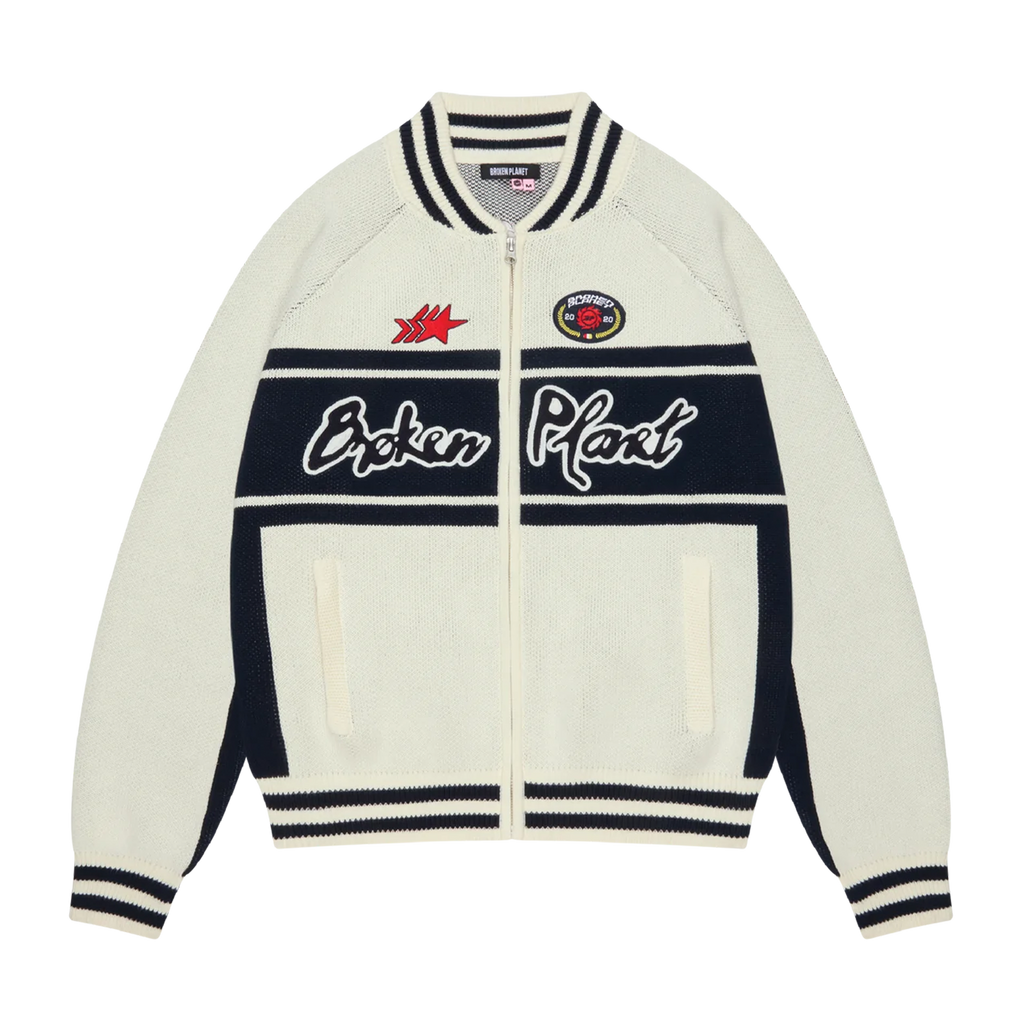 Broken Planet Racer Knit Zip Up 'White Navy'